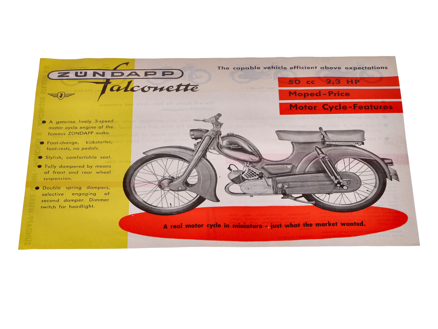 Originali skrajutė / brošiūra A5 anglų kalba, skirta Zündapp Falconette 2,3 AG