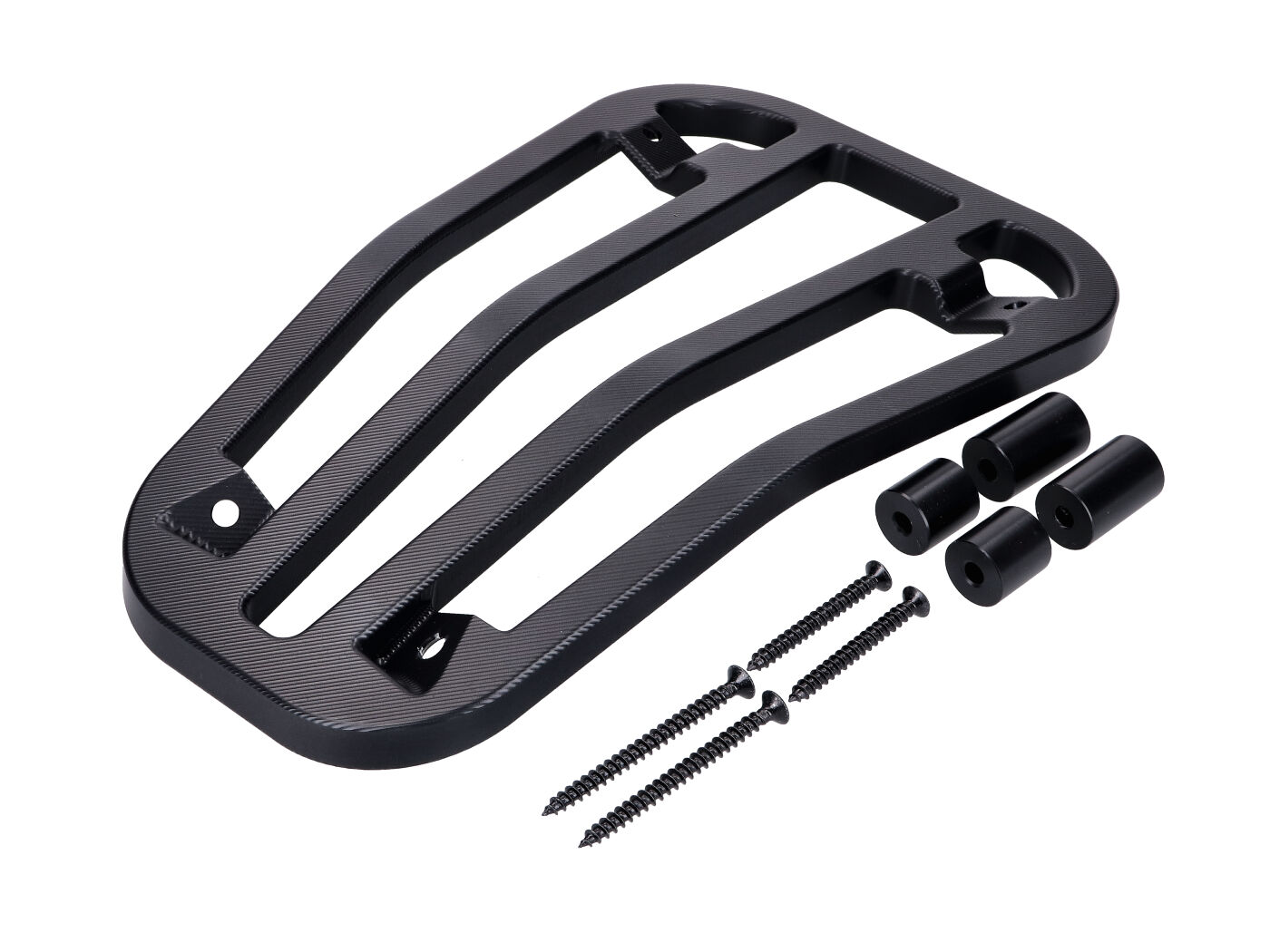 Viršutinis dėklo laikiklis / bagažo laikiklis žingsnis per žingsnį Moto Nostra, juodas matinis, CNC skirtas Vespa Primavera 50-150cc, Sprint 50-150cc