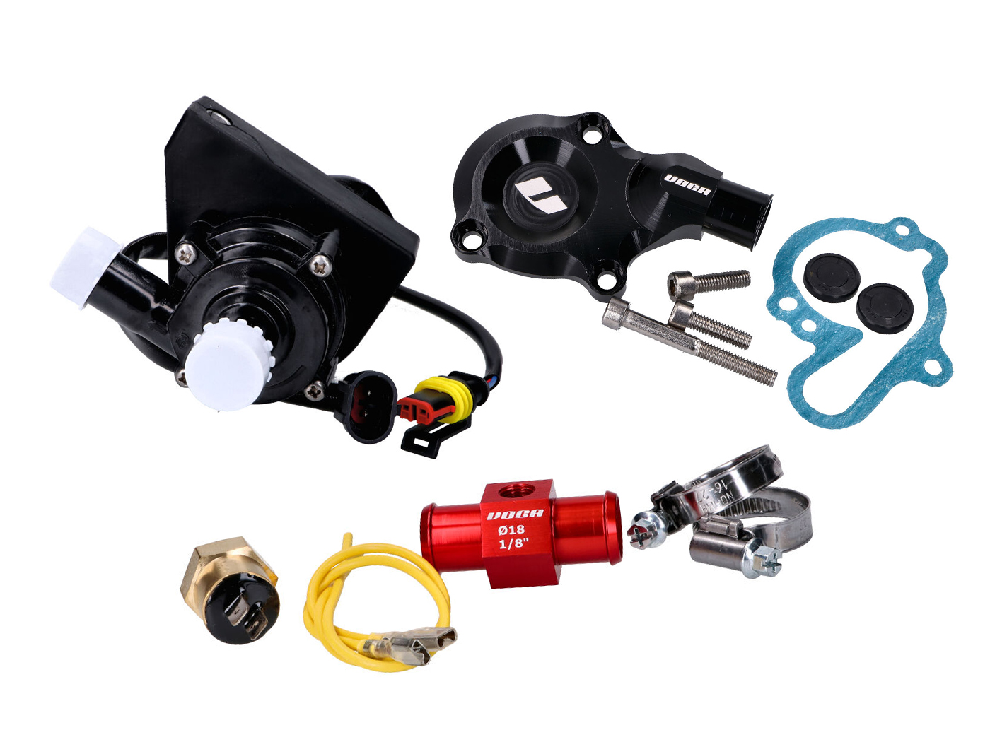 pilnas aušinimo pompos komplektas VOCA Racing juodas, skirtas Minarelli AM, Generic, KSR-Moto, Keeway, Motobi, Ride, CPI, 1E40MA 1E40MB