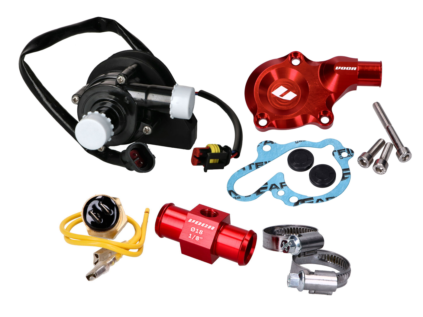 pilnas aušinimo pompos komplektas VOCA Racing raudonas, skirtas Minarelli AM, Generic, KSR-Moto, Keeway, Motobi, Ride, CPI, 1E40MA 1E40MB