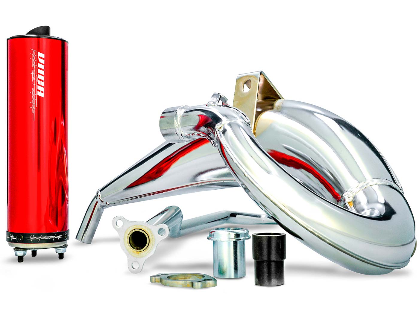 išmetimo VOCA Cross chromuotas 50/70cc raudonas duslintuvas, skirtas Aprilia RX, SX, Derbi Senda