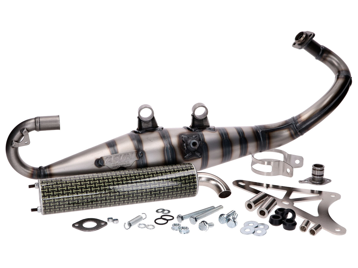 Išmetimo sistema Yasuni Carrera 10 Carbon Look spalva atrodo geltona, skirta Piaggio NRG, Zip, Typhoon, Gilera Runner 50, Stalker 50, Aprilia SR